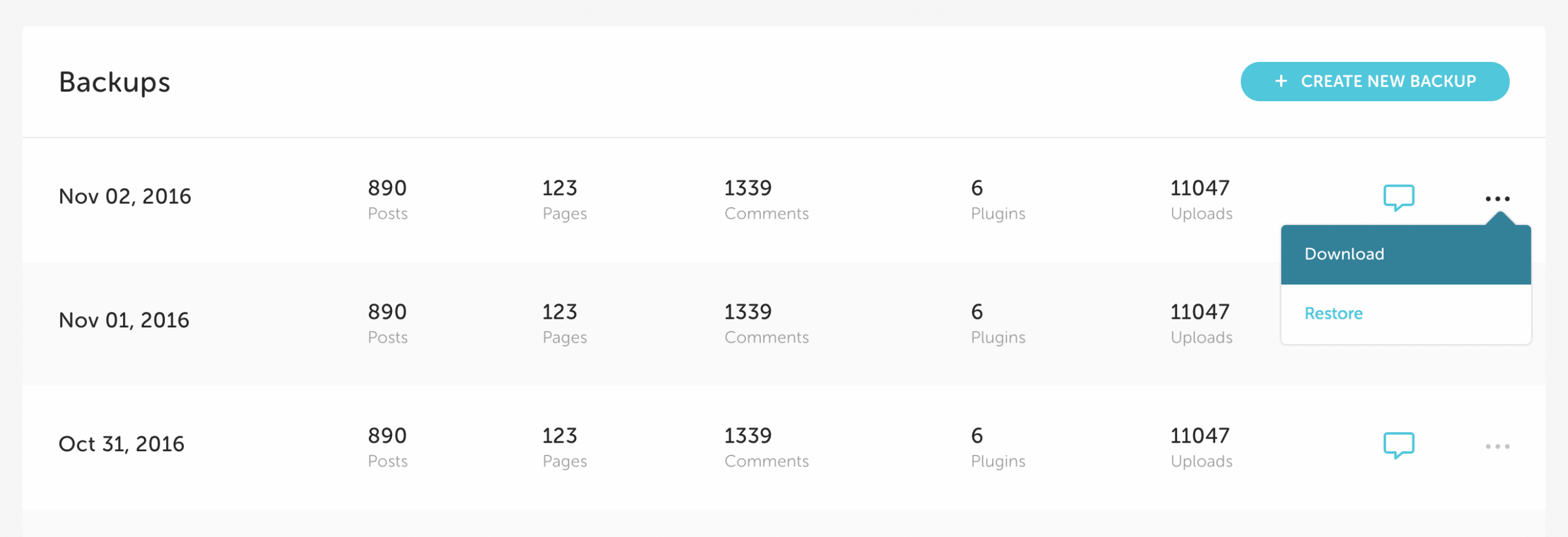 Hover over or touch the ellipsis icon to reveal the download backup option