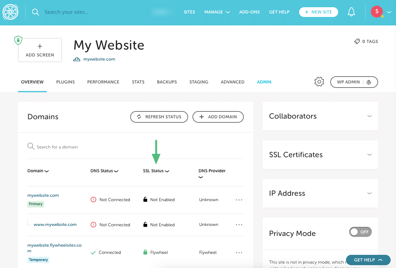 SSL Status in Flywheel dashboard