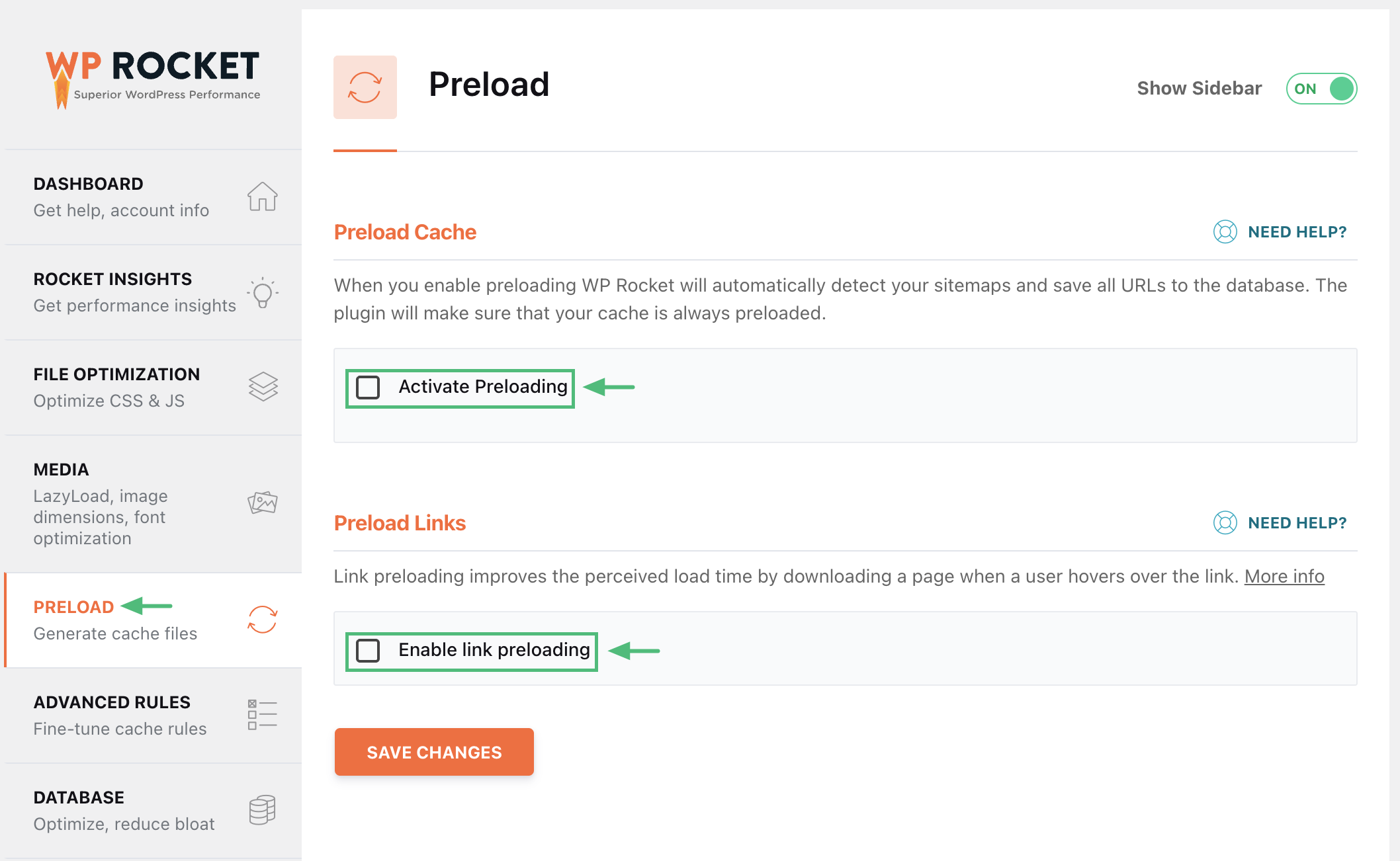 WP Rocket preload tab